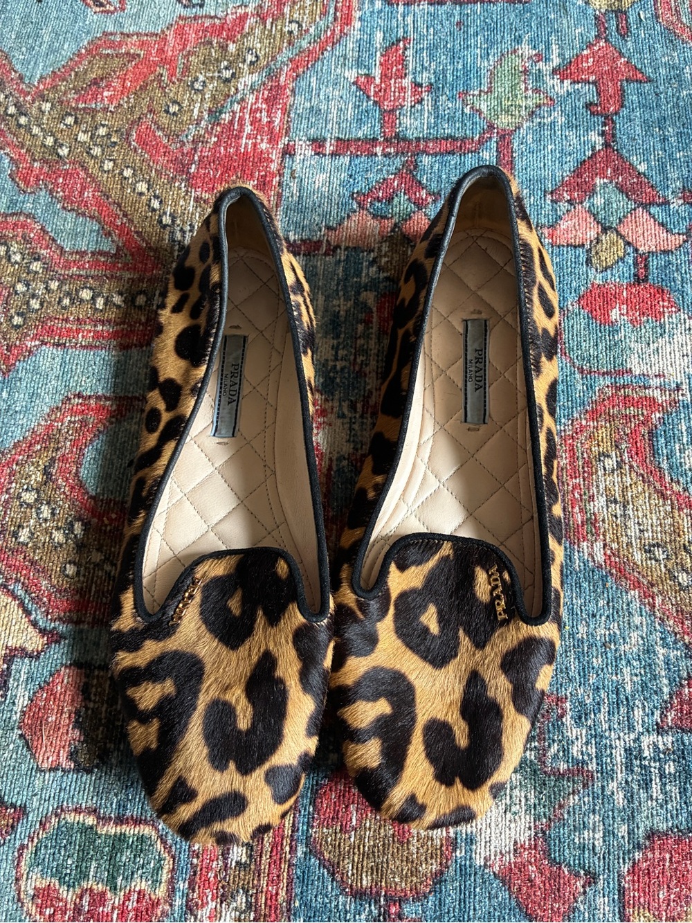 Prada Leopard Print Flats - Black & Tan